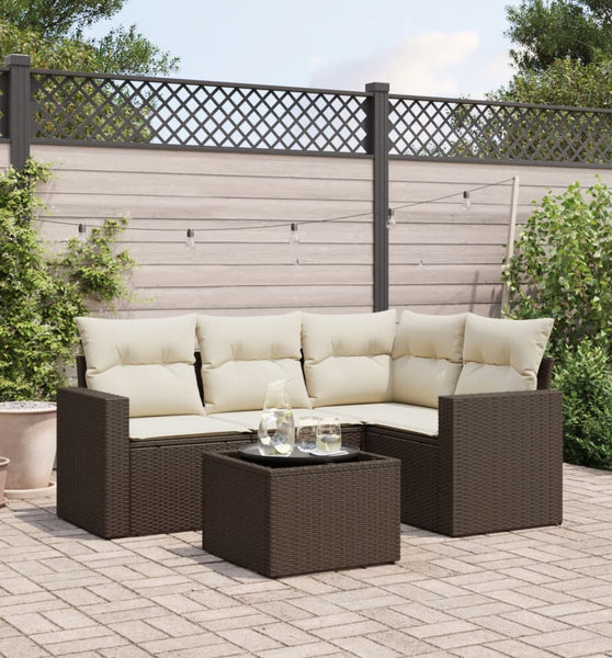 5-tlg. Garten-Sofagarnitur mit Kissen Braun Poly Rattan