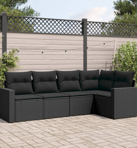 5-tlg. Garten-Sofagarnitur mit Kissen Schwarz Poly Rattan