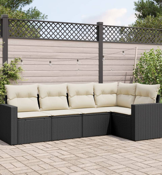 5-tlg. Garten-Sofagarnitur mit Kissen Schwarz Poly Rattan