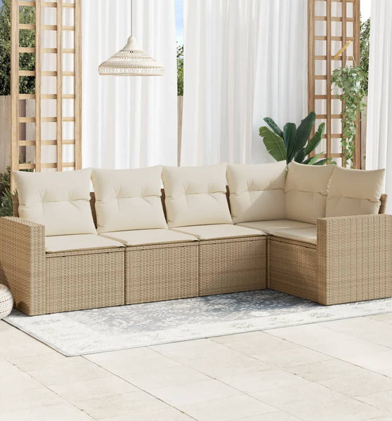 5-tlg. Garten-Sofagarnitur mit Kissen Beige Poly Rattan