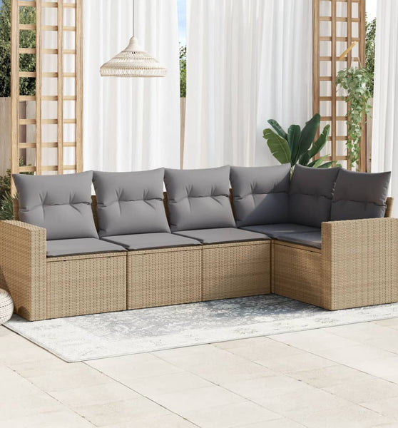 5-tlg. Garten-Sofagarnitur mit Kissen Beige Poly Rattan