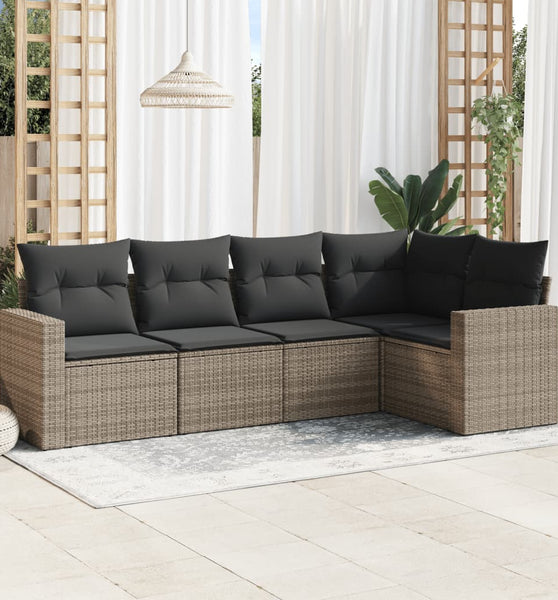 5-tlg. Garten-Sofagarnitur mit Kissen Grau Poly Rattan