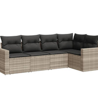 5-tlg. Garten-Sofagarnitur mit Kissen Hellgrau Poly Rattan