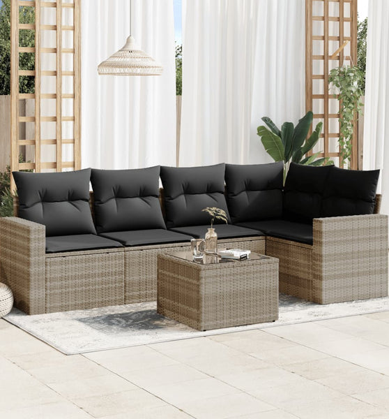 6-tlg. Garten-Sofagarnitur mit Kissen Hellgrau Poly Rattan