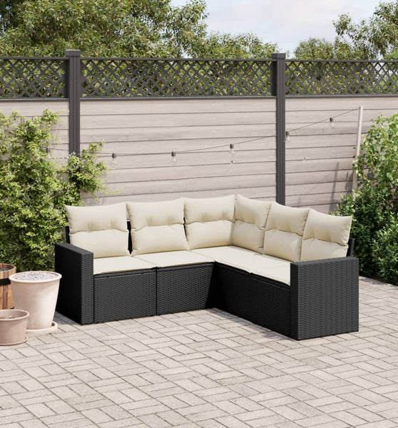 5-tlg. Garten-Sofagarnitur mit Kissen Schwarz Poly Rattan