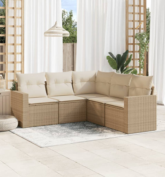 5-tlg. Garten-Sofagarnitur mit Kissen Beige Poly Rattan
