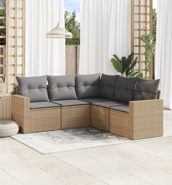 5-tlg. Garten-Sofagarnitur mit Kissen Beige Poly Rattan