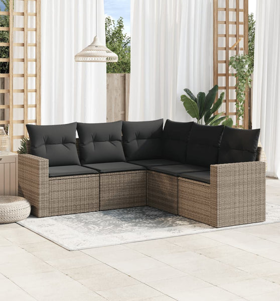 5-tlg. Garten-Sofagarnitur mit Kissen Grau Poly Rattan