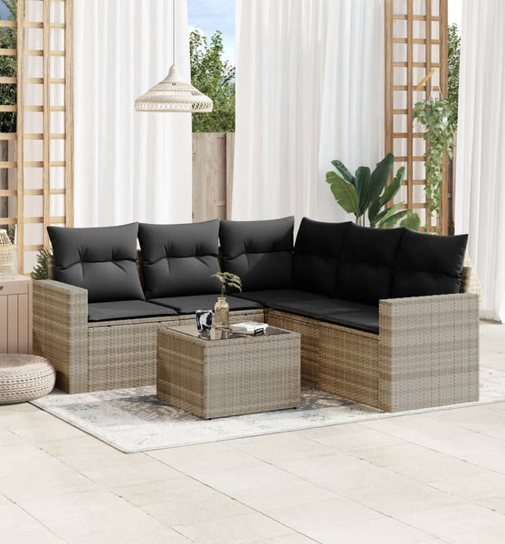 6-tlg. Garten-Sofagarnitur mit Kissen Hellgrau Poly Rattan