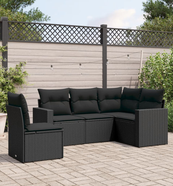 5-tlg. Garten-Sofagarnitur mit Kissen Schwarz Poly Rattan