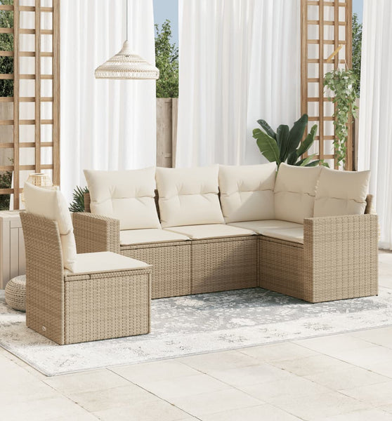 5-tlg. Garten-Sofagarnitur mit Kissen Beige Poly Rattan