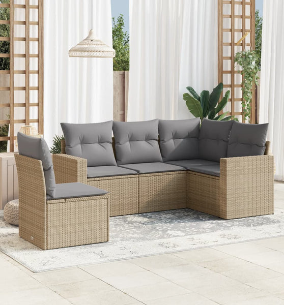 5-tlg. Garten-Sofagarnitur mit Kissen Beige Poly Rattan