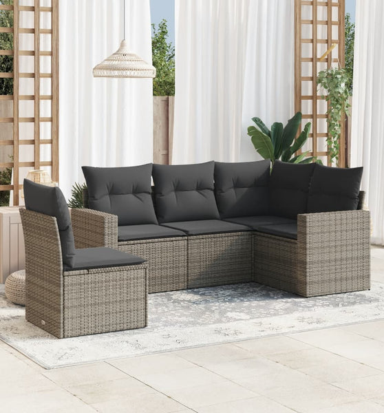 5-tlg. Garten-Sofagarnitur mit Kissen Grau Poly Rattan