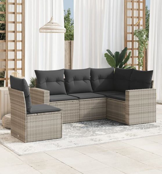 5-tlg. Garten-Sofagarnitur mit Kissen Hellgrau Poly Rattan