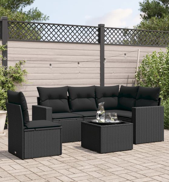 6-tlg. Garten-Sofagarnitur mit Kissen Schwarz Poly Rattan