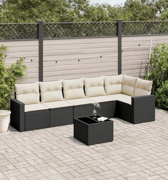 7-tlg. Garten-Sofagarnitur mit Kissen Schwarz Poly Rattan