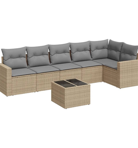 7-tlg. Garten-Sofagarnitur mit Kissen Beige Poly Rattan