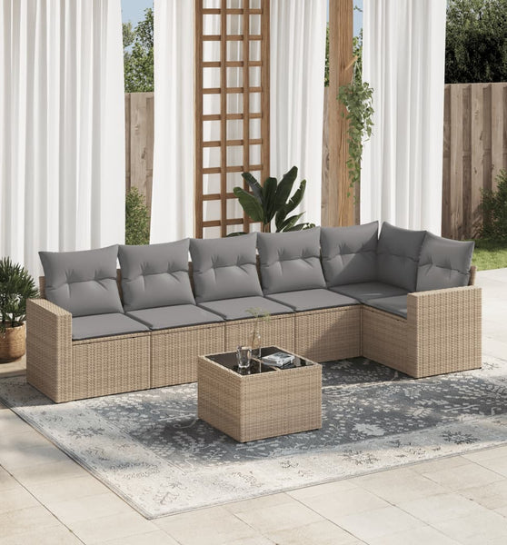 7-tlg. Garten-Sofagarnitur mit Kissen Beige Poly Rattan