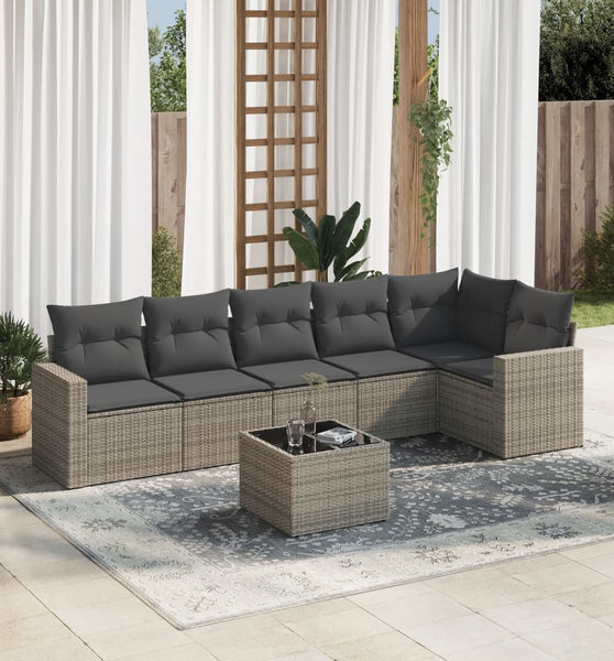 7-tlg. Garten-Sofagarnitur mit Kissen Grau Poly Rattan