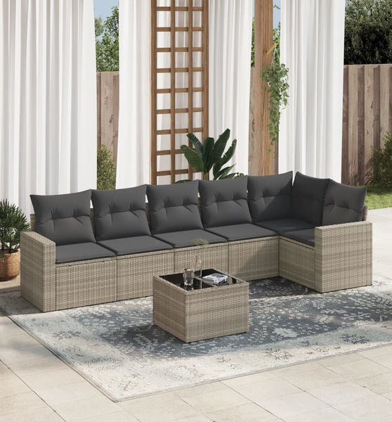 7-tlg. Garten-Sofagarnitur mit Kissen Hellgrau Poly Rattan