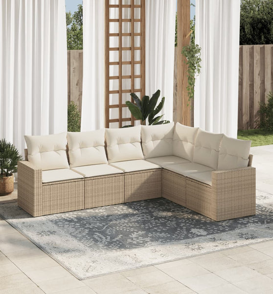 6-tlg. Garten-Sofagarnitur mit Kissen Beige Poly Rattan