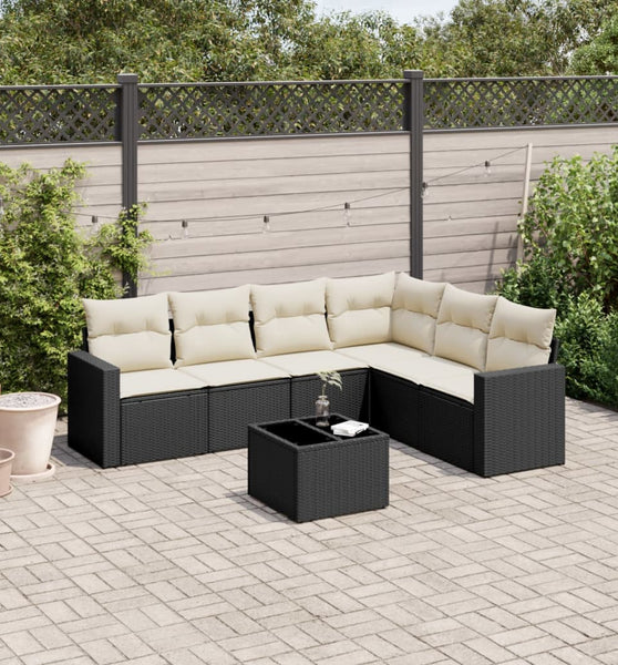 7-tlg. Garten-Sofagarnitur mit Kissen Schwarz Poly Rattan