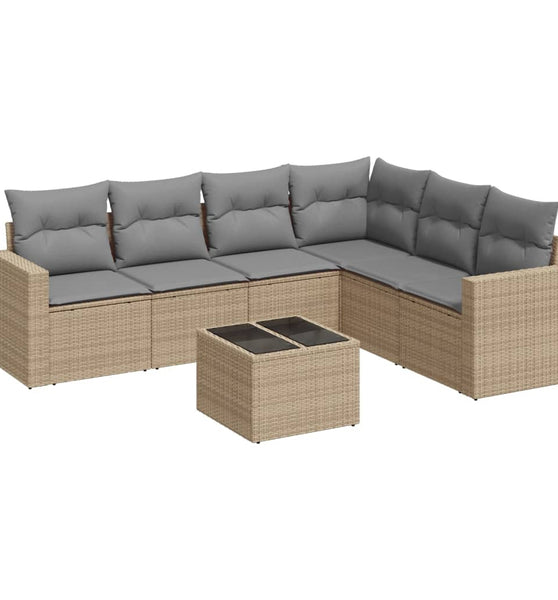 7-tlg. Garten-Sofagarnitur mit Kissen Beige Poly Rattan