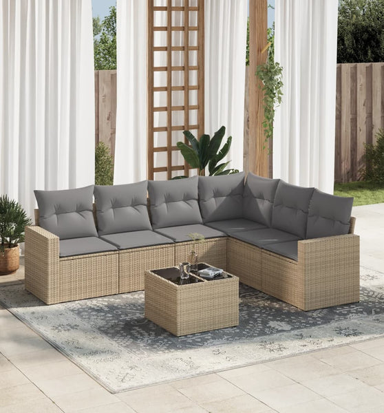 7-tlg. Garten-Sofagarnitur mit Kissen Beige Poly Rattan