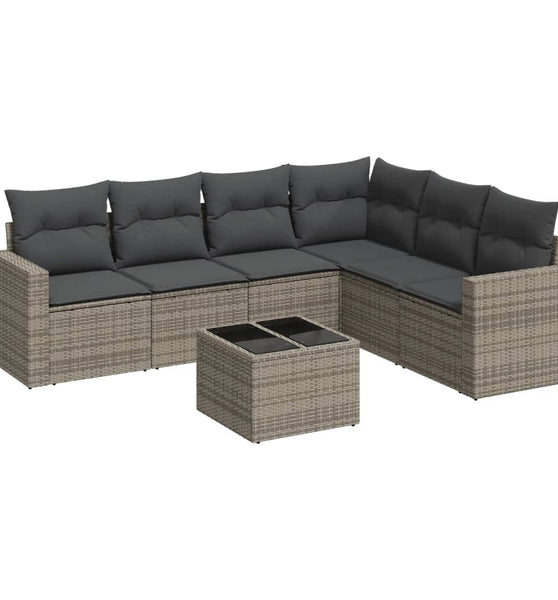 7-tlg. Garten-Sofagarnitur mit Kissen Grau Poly Rattan