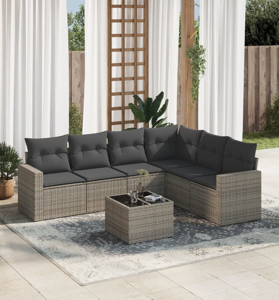 7-tlg. Garten-Sofagarnitur mit Kissen Grau Poly Rattan