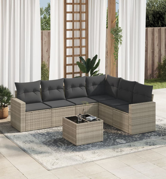 7-tlg. Garten-Sofagarnitur mit Kissen Hellgrau Poly Rattan