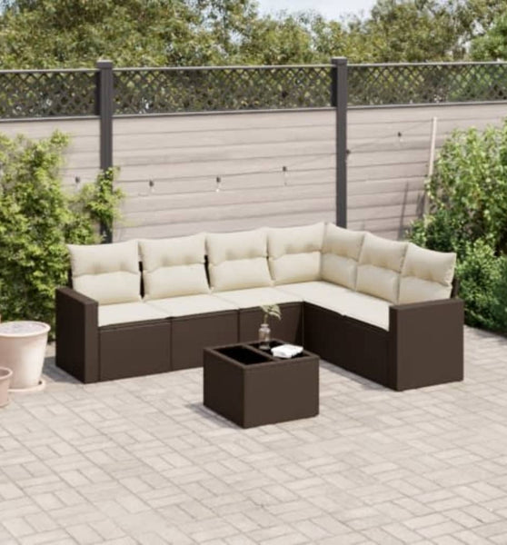 7-tlg. Garten-Sofagarnitur mit Kissen Braun Poly Rattan