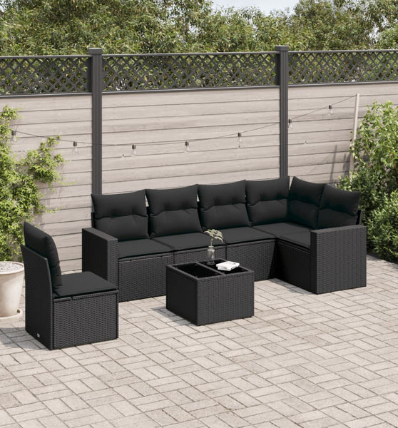 7-tlg. Garten-Sofagarnitur mit Kissen Schwarz Poly Rattan