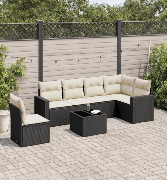 7-tlg. Garten-Sofagarnitur mit Kissen Schwarz Poly Rattan