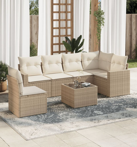 7-tlg. Garten-Sofagarnitur mit Kissen Beige Poly Rattan