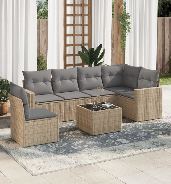 7-tlg. Garten-Sofagarnitur mit Kissen Beige Poly Rattan