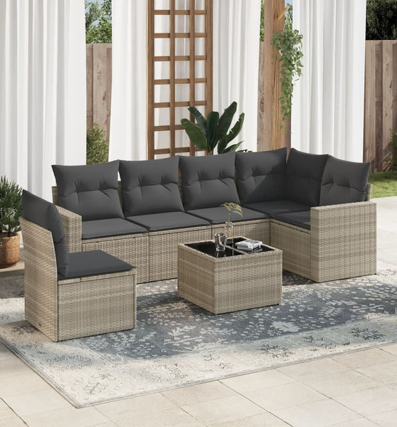 7-tlg. Garten-Sofagarnitur mit Kissen Hellgrau Poly Rattan