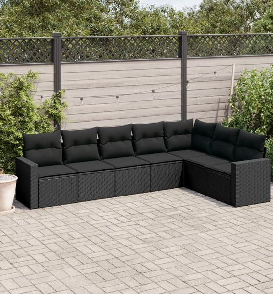 7-tlg. Garten-Sofagarnitur mit Kissen Schwarz Poly Rattan