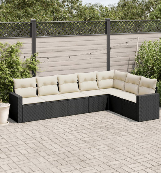 7-tlg. Garten-Sofagarnitur mit Kissen Schwarz Poly Rattan