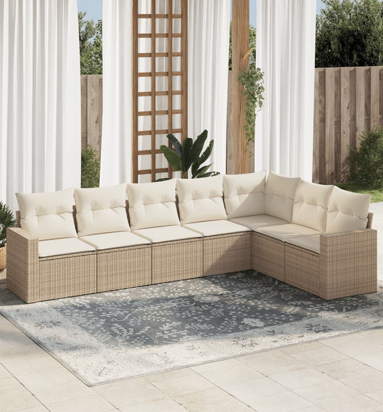 7-tlg. Garten-Sofagarnitur mit Kissen Beige Poly Rattan