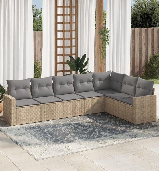 7-tlg. Garten-Sofagarnitur mit Kissen Beige Poly Rattan