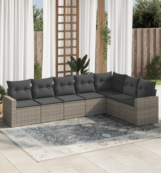 7-tlg. Garten-Sofagarnitur mit Kissen Grau Poly Rattan