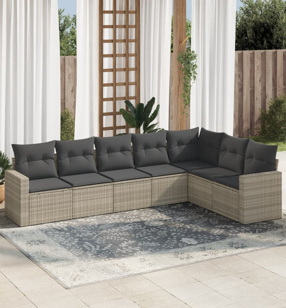 7-tlg. Garten-Sofagarnitur mit Kissen Hellgrau Poly Rattan