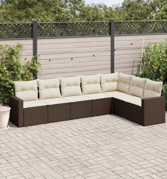 7-tlg. Garten-Sofagarnitur mit Kissen Braun Poly Rattan