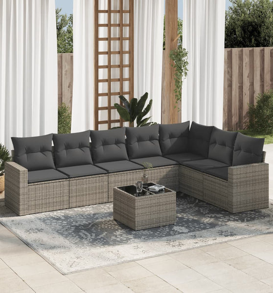 8-tlg. Garten-Sofagarnitur mit Kissen Grau Poly Rattan