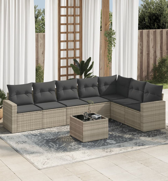 8-tlg. Garten-Sofagarnitur mit Kissen Hellgrau Poly Rattan