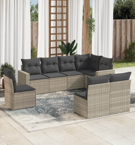 8-tlg. Garten-Sofagarnitur mit Kissen Hellgrau Poly Rattan