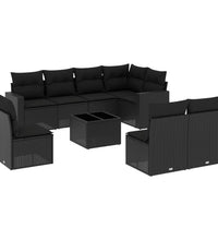 9-tlg. Garten-Sofagarnitur mit Kissen Schwarz Poly Rattan