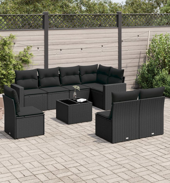 9-tlg. Garten-Sofagarnitur mit Kissen Schwarz Poly Rattan