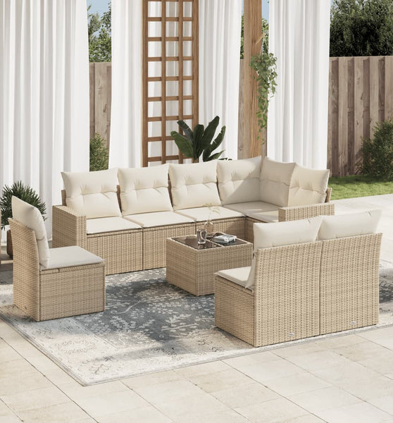 9-tlg. Garten-Sofagarnitur mit Kissen Beige Poly Rattan